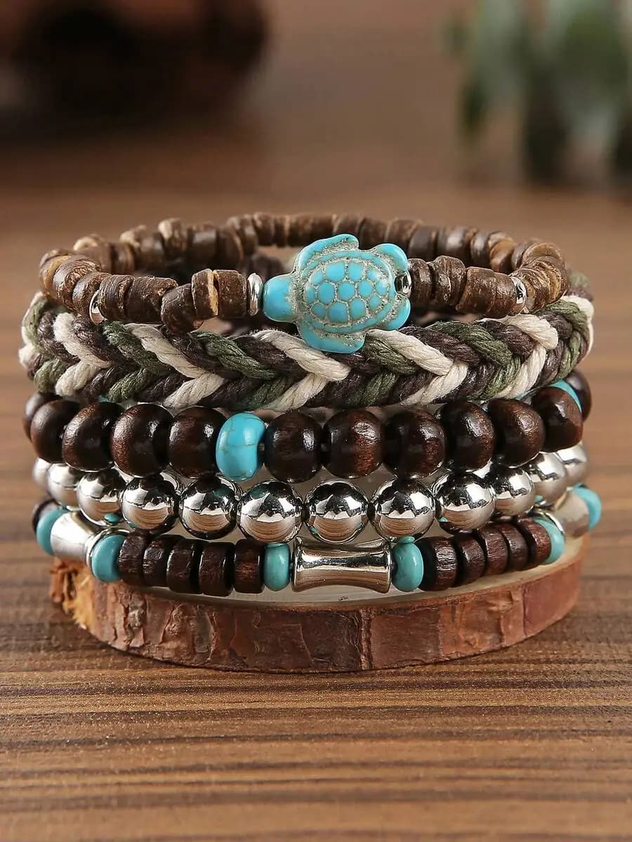 5pcs/10pcs Handmade Elastic Beaded Bracelets, Stackable Bohemian Style Jewelry With Turtle Charm, Unisex; Adjustable Elastic Bracelet Set, Ideal Gift For Festivals And Parties