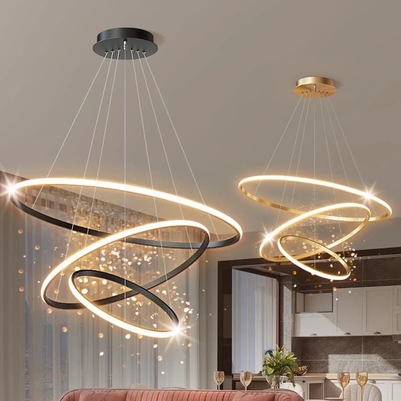 Lampadario LED Rotondo di Lusso a 3 Anelli in Acrilico Dorato, Design Moderno per Soggiorno e Hotel