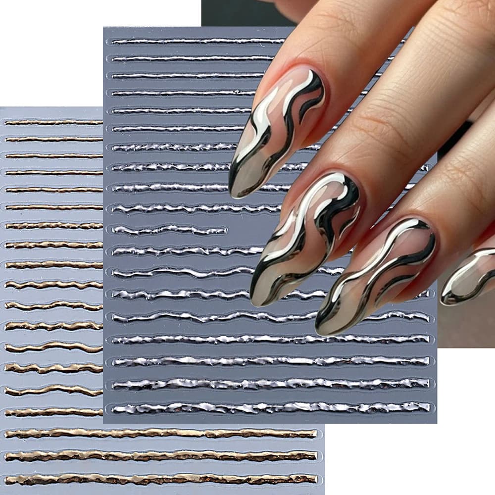 1/2 pz 5D Metallo Argento Linea Oro Nail Art Sticker Irregolare Hot Stamping Linee Catena di Blocco Francese Decalcomanie Del Chiodo FAI DA TE decorazione delle unghie