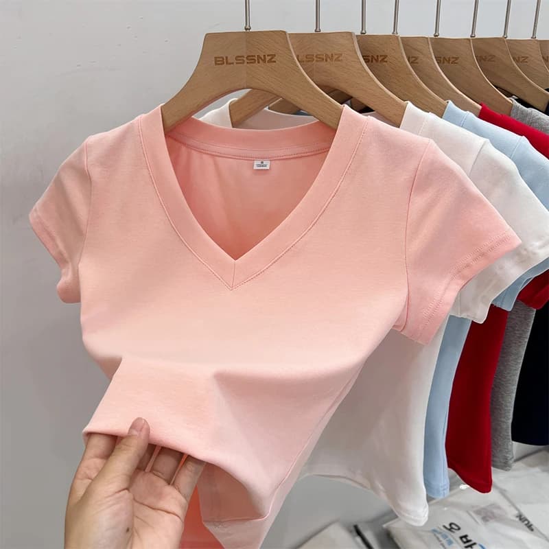 Zjaiss 2026 T-shirt Estiva Sexy con Scollo a V da Donna, in Cotone, Basic, Tinta Unita, Crop Top, Casual, a Maniche Corte
