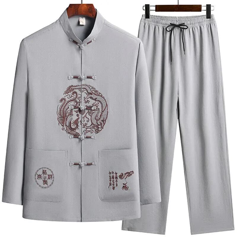 Pantaloni da uomo a maniche lunghe in stile cinese con stampa maschile 100% cotone Tessuto di seta Abbigliamento sportivo Set casual da uomo Camicie + pantaloni