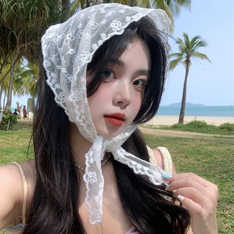 1PC Vintage Bohemian Stripe Hair Scarf Triangle Pink White Scarves For Women Girls Sweet Scarves For Neck