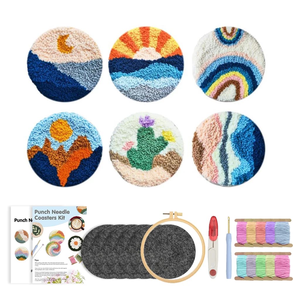 RUOPOTY 6pcs Punch Needle Coaster Cactus Punch Needle Frame DIY Art Projects For Adults Landscape Needle Punch Kit For Beginners