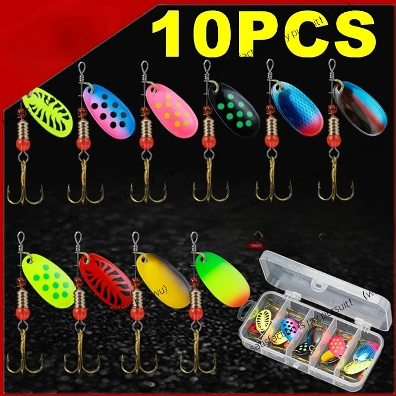 Rotating cot with 10 piece metal bait, barcuda rocking fishing bait, artificial bait with equipment box