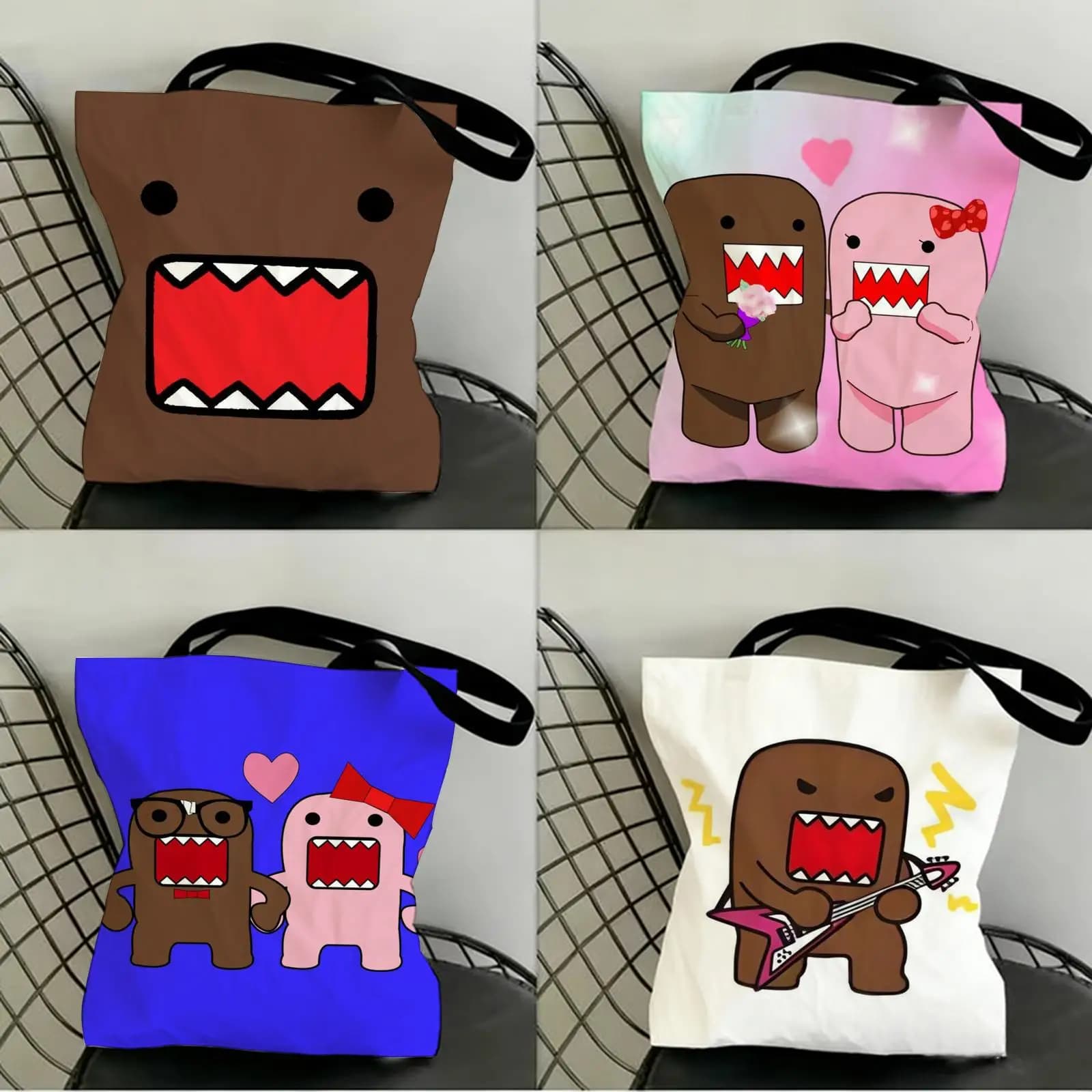 Cartoon Funny Domo-kun Storage Bags Canvas Double-Sided Print Fashion Shoulder Tote Shopping Bag Gift Eco Handbags