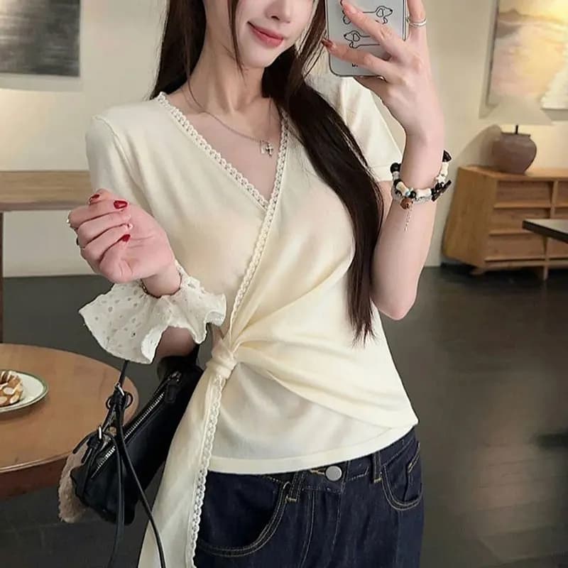 T-shirt impiombate in pizzo moda estate elegante cinturino incrociato vita abbigliamento femminile tinta unita basic manica corta pullover slim nuovo