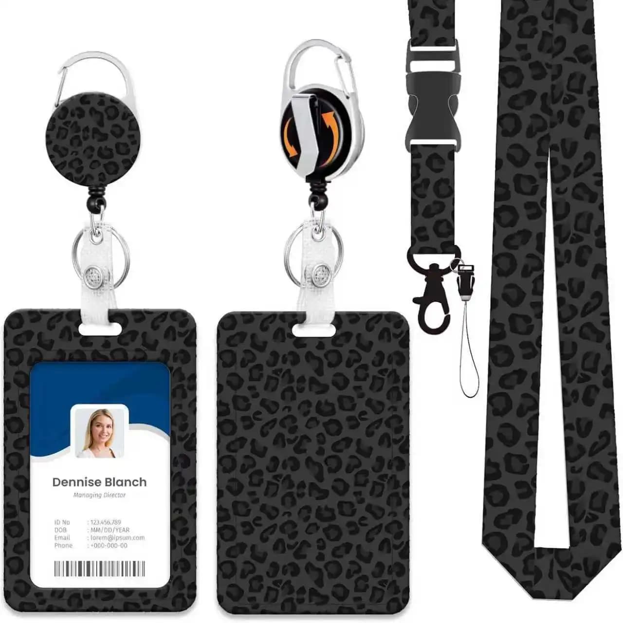 Portabadge Retrattile con Stampa Leopardata, Porta Carte d'Identità con Cordino e Clip Portachiavi, Custodia Verticale per Carte per Infermieri e Personale Medico