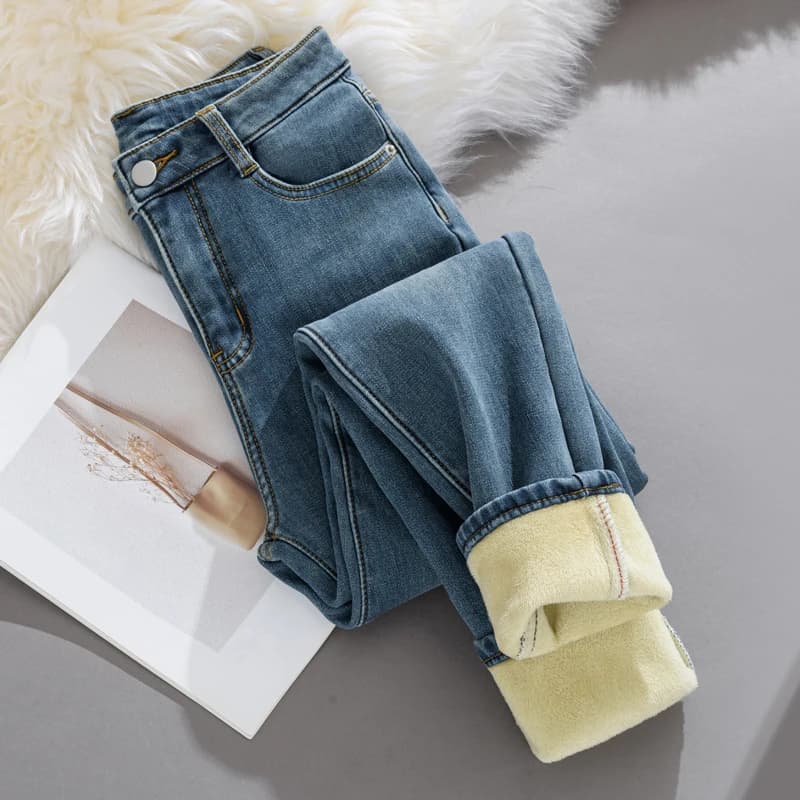 Jeans da donna Y2k Pantaloni invernali 2025 in pile spesso Retro Blu Slim Fit Stretch Pantaloni in denim a matita affusolata Moda casual