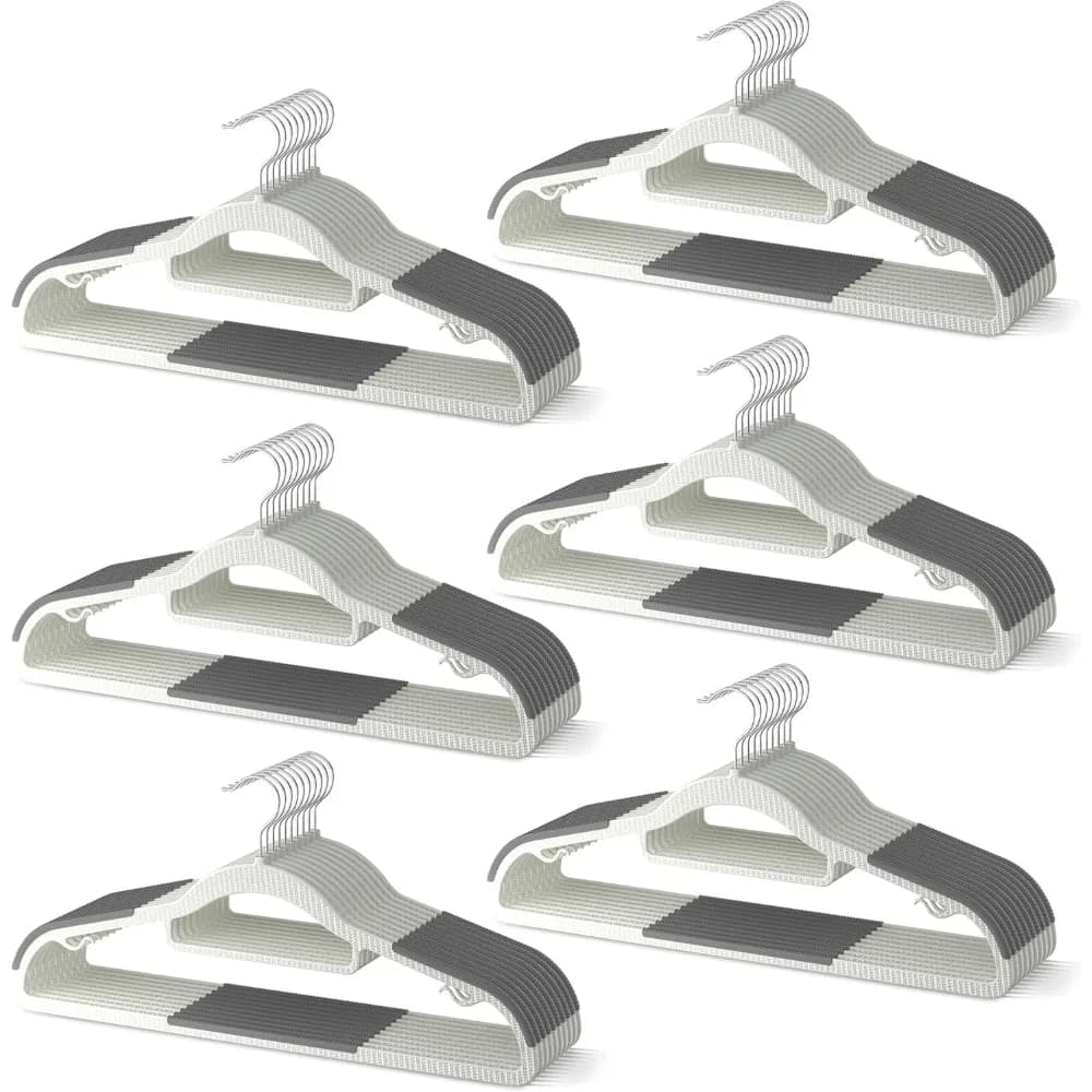 Confezione da 60 appendiabiti in plastica resistente, con cuscinetti in gomma antiscivolo, 360 ° Gancio organizer salvaspazio grigio per vestiti