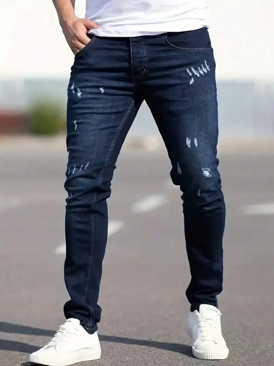 Mens Stretch Ripped Dark Blue Jeans Slim Straight Fit Distressed Casual Denim Pants
