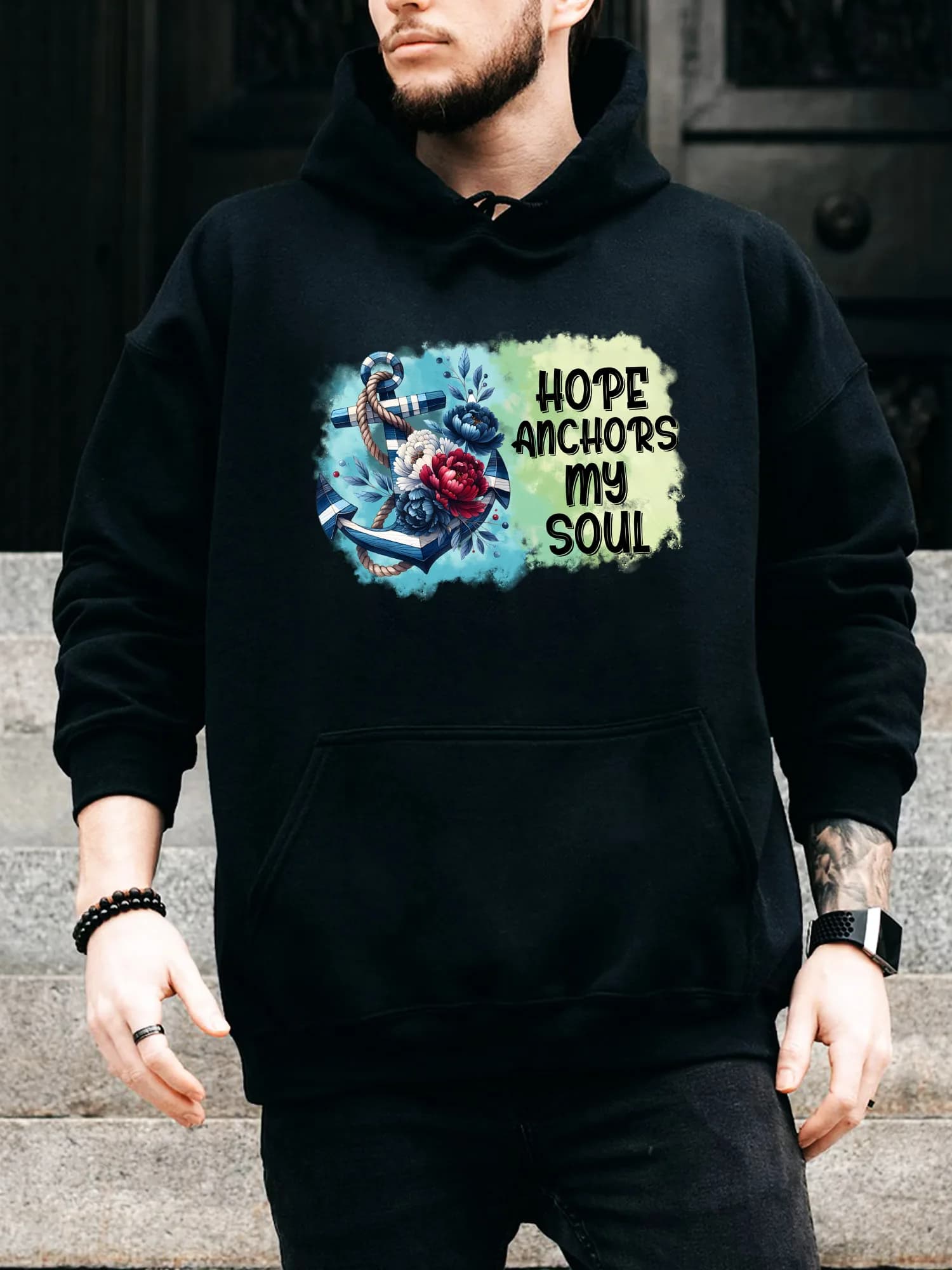 Felpa con cappuccio da uomo Splashed Hope Anchors My Soul con coulisse - Pullover nero casual e confortevole, felpa con cappuccio autunno e inverno