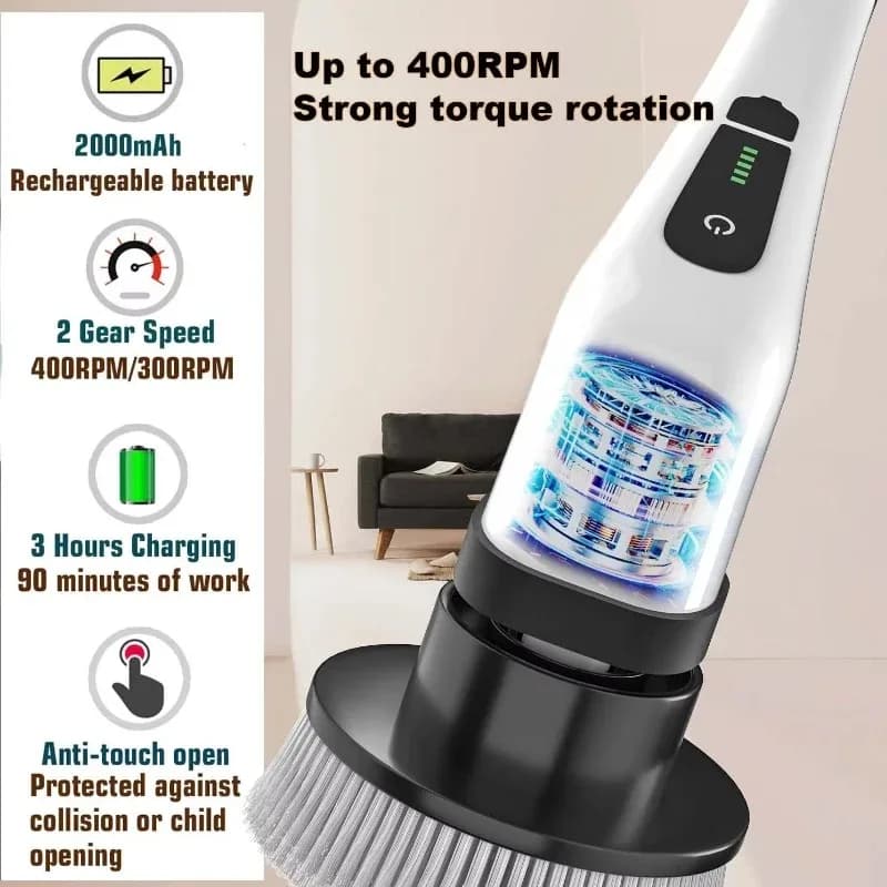 Potente Spazzola Elettrica Senza Fili Multifunzione per Pulizia di Bagno, Cucina, Doccia, Lavandino, Piastrelle e Fughe