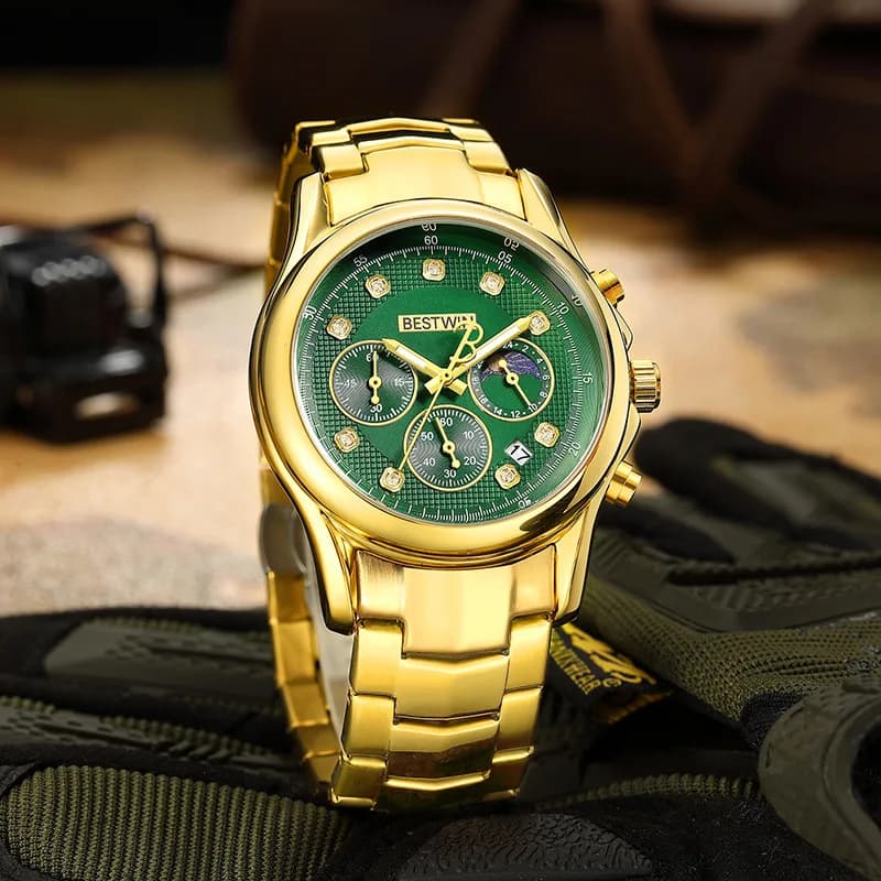 BESTWIN 804 men's timepieces waterproof stainless steel bracelet Glow Moon Phase Date Fashion Business quartz watch for men