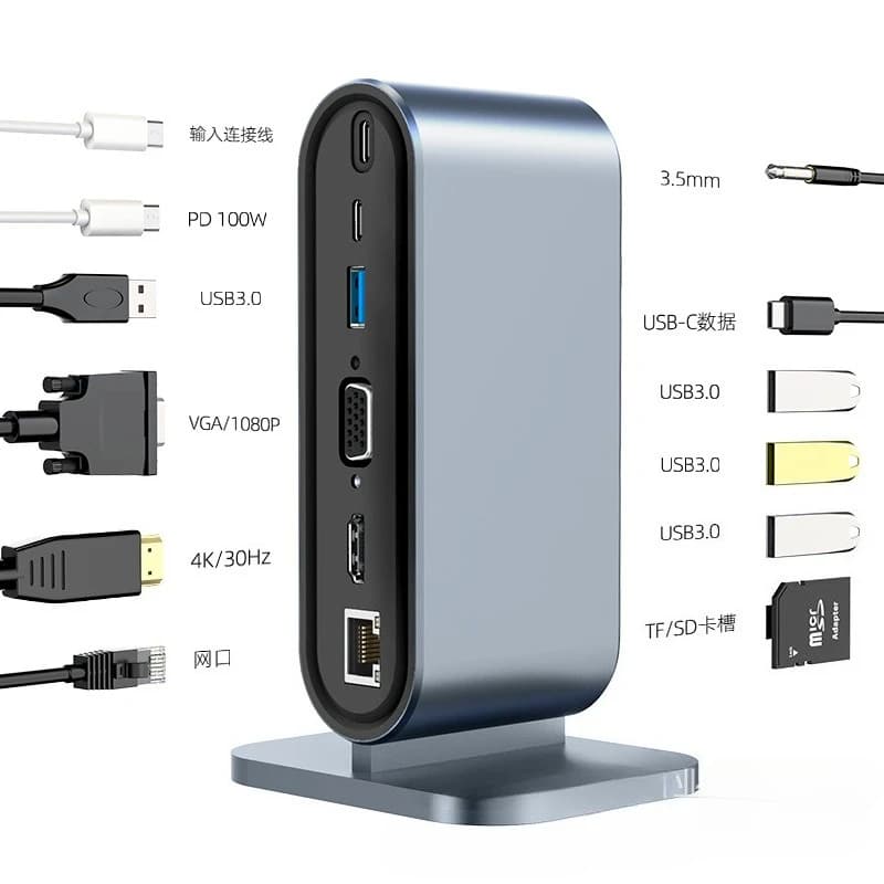 Vertical 12 Port Multi-Function USB Hub, 4K 30Hz/60Hz HD Screen Casting Docking Station for Laptop Desktop Tools