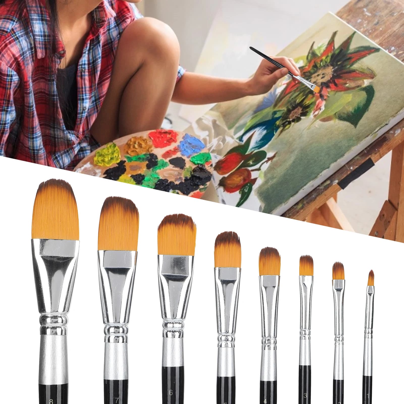 8Pcs Artist Paint Brush Set Nylon Hair Brushes For Oil/Acrylic/Watercolor Painting