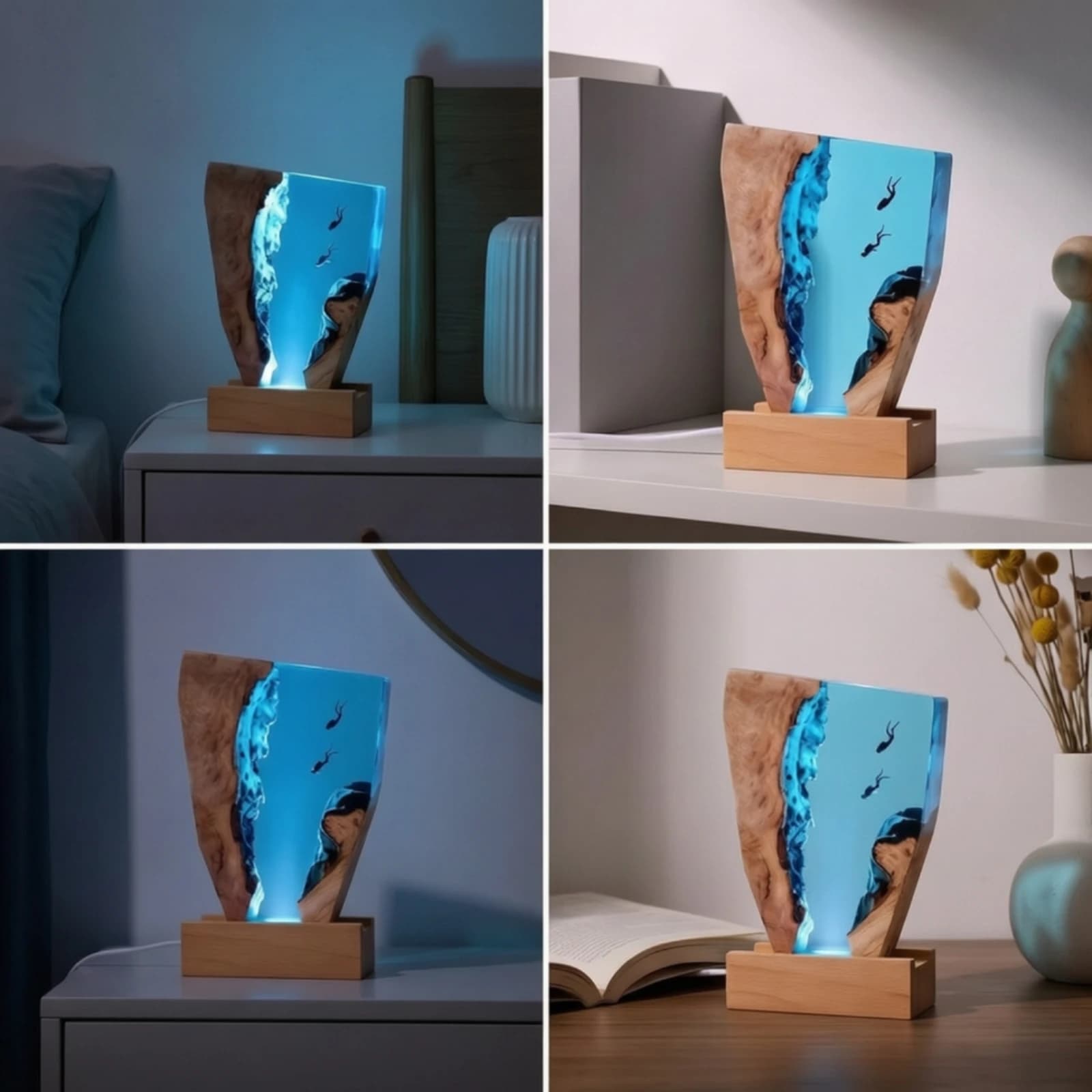 Epoxy Night Light with Wood Base Sculptural Epoxy Resin Night Light Resin Wood Lamp Aquatic Natural for Divers, Nightstand, Desk