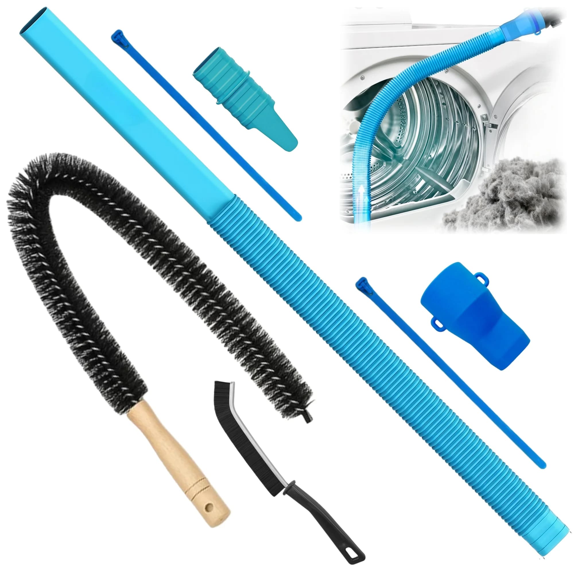 Upgraded Dryer Vent Cleaner Kit Vacuum Hose Attachment with 2 Cable Ties, Lint Brush & Crevice Brush, Fits Most Vacuums