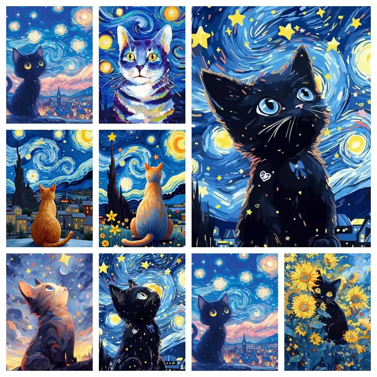 5D Diamond Painting Printed Canvas Van Gogh Starry Sky Cat Full Drill Pet Artwork Ornament