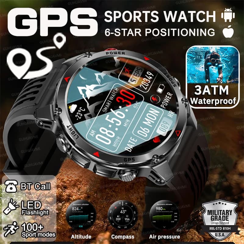 Militare Esterno GPS Posizionamento Astuto Della Vigilanza Degli Uomini HD AMOLED Schermo Bussola Altimetro Torcia A LED 3ATM Impermeabile HD Chiamata Orologio