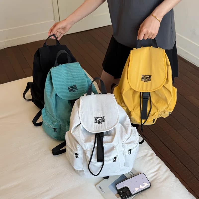 Water-Resistant Nylon School Backpack with Multi-Pocket Large Capacity Casual Rucksack Solid Color Shoulder Bag for Women