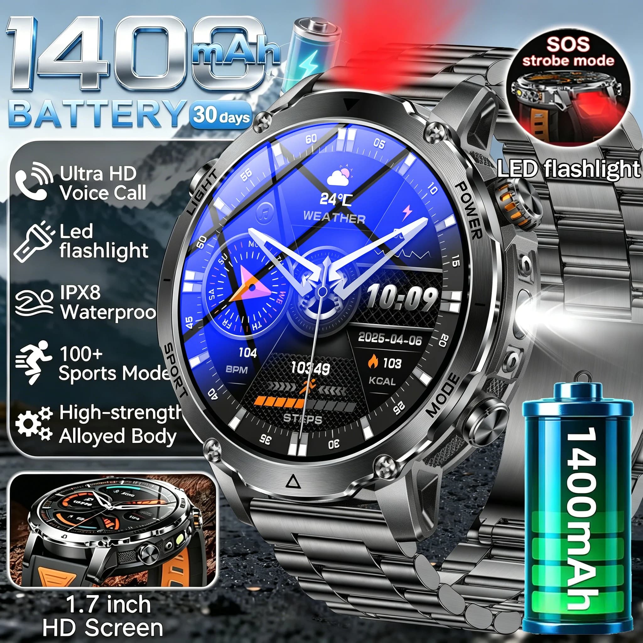Smartwatch militare 2026 con batteria da 1400 mAh, torcia da esterno per uomo, impermeabile IPX8, oltre 100 sport, chiamate Bluetooth, fitness band