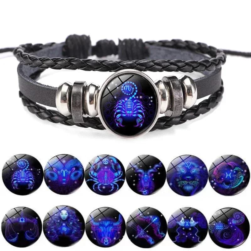 12 Braccialetti luminosi con ciondolo segno zodiacale costellazione Uomo Donna Bracciale e braccialetto in pelle avvolgente multistrato vintage Regalo di compleanno