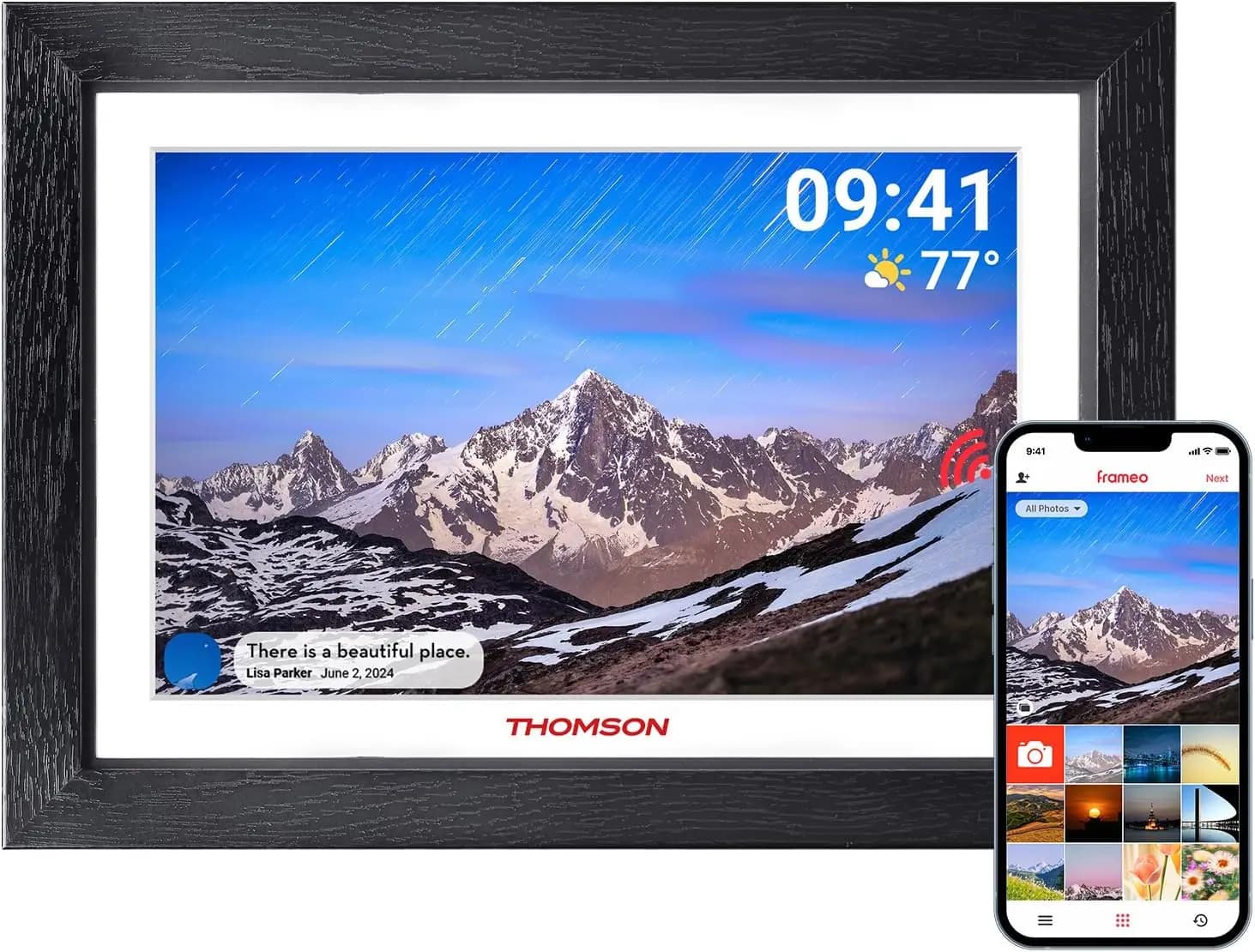 Cornice digitale WiFi da 10.1 pollici, schermo touch IPS HD 1280x800, 32GB, rotazione automatica, presentazione di diapositive, condivisione foto/video tramite app, legno