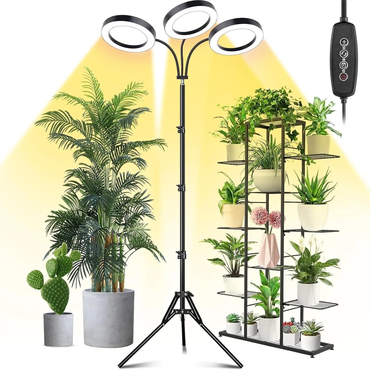 Lampada per Piante a Tre Teste per Coltivazione Indoor, Luce per Piante a Spettro Completo 108 LED con Timer Automatico e Livelli Dimmerabili, Supporto Regolabile
