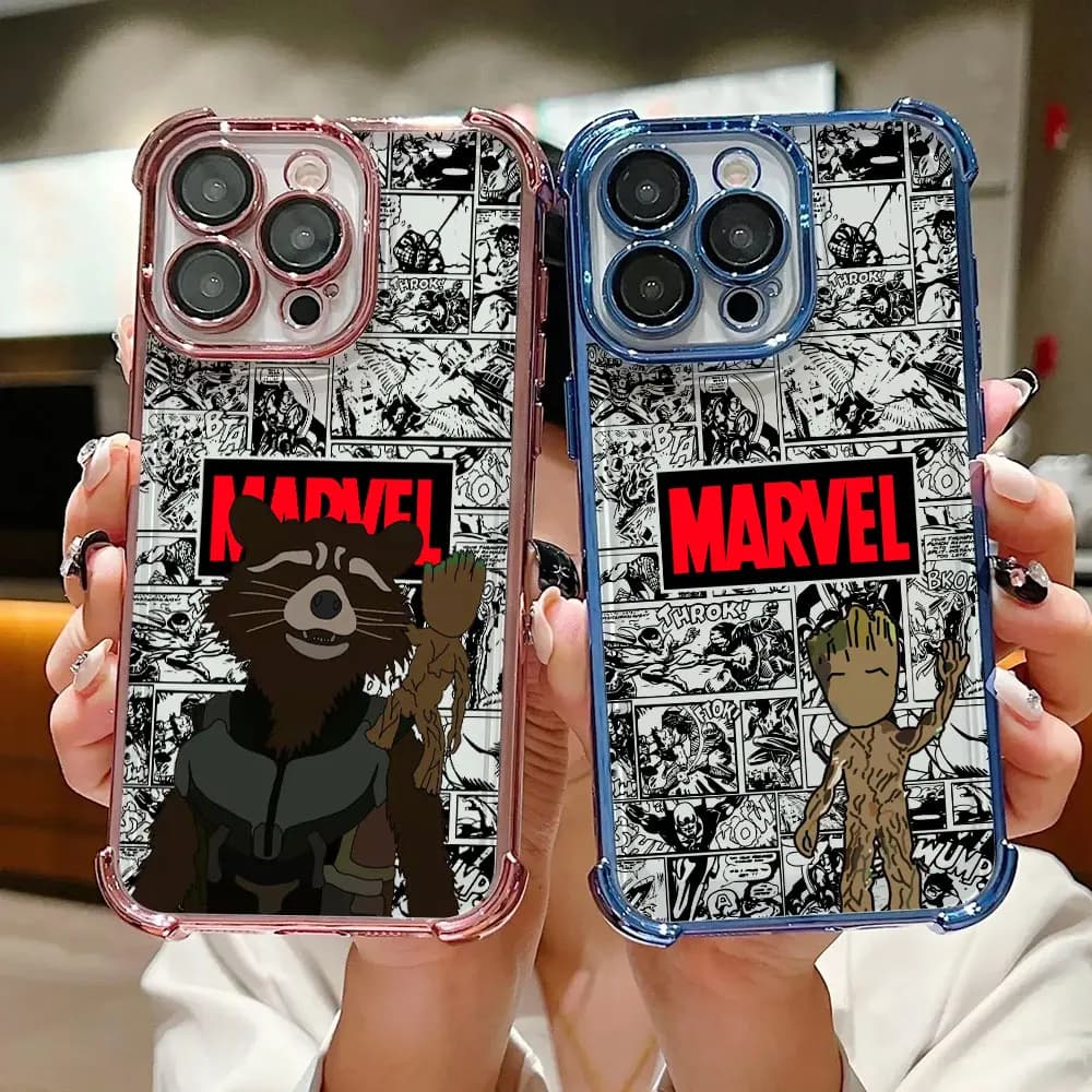 Cover per iPhone 17 Air 16 15 14 11 12 13 Pro Max 16e 17E 15 Plus Mini antiurto con design Marvel Groot Rocket senza volto