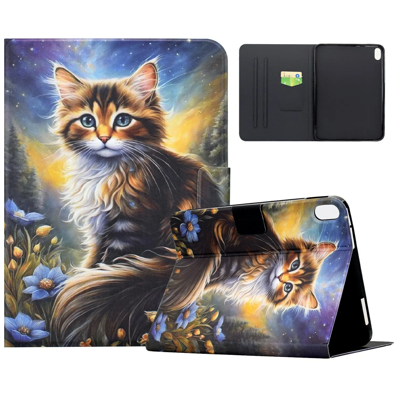 Custodia per Honor Pad V9 con stampa fantasia, supporto e slot per carte - Gatto Notte Stellata