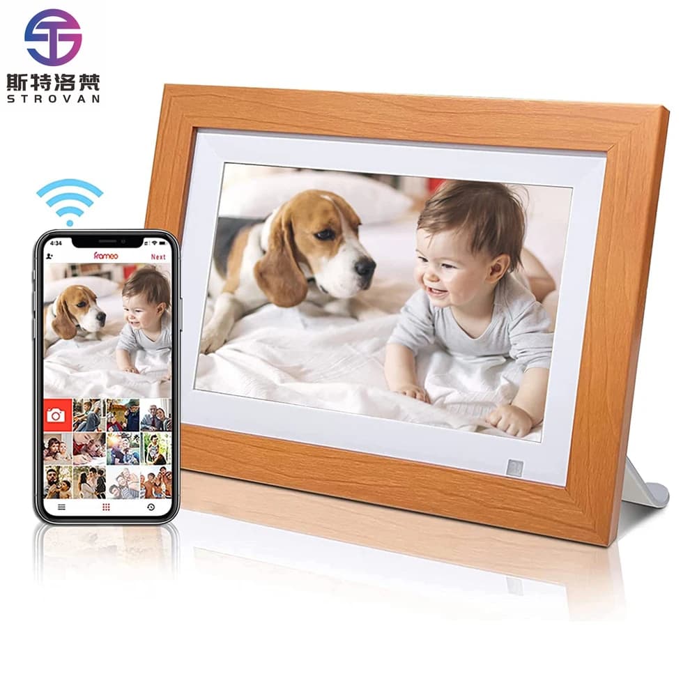 Cornici in legno con touch screen IPS 1280x800 Cornice per foto digitale Smart Cloud WiFi da 10,1 pollici con tappetino bianco APP
