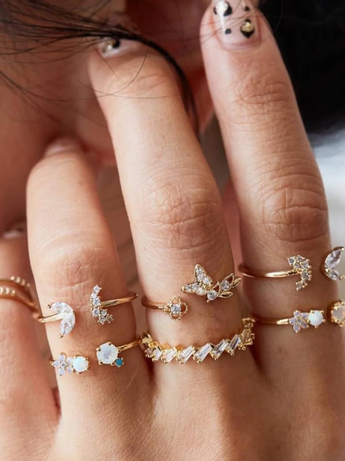 Set di 7 Anelli Boho con Diamanti Incastonati, Anello Floreale Vintage da Donna, Anello di Cristallo per Matrimonio, Accessori di Moda