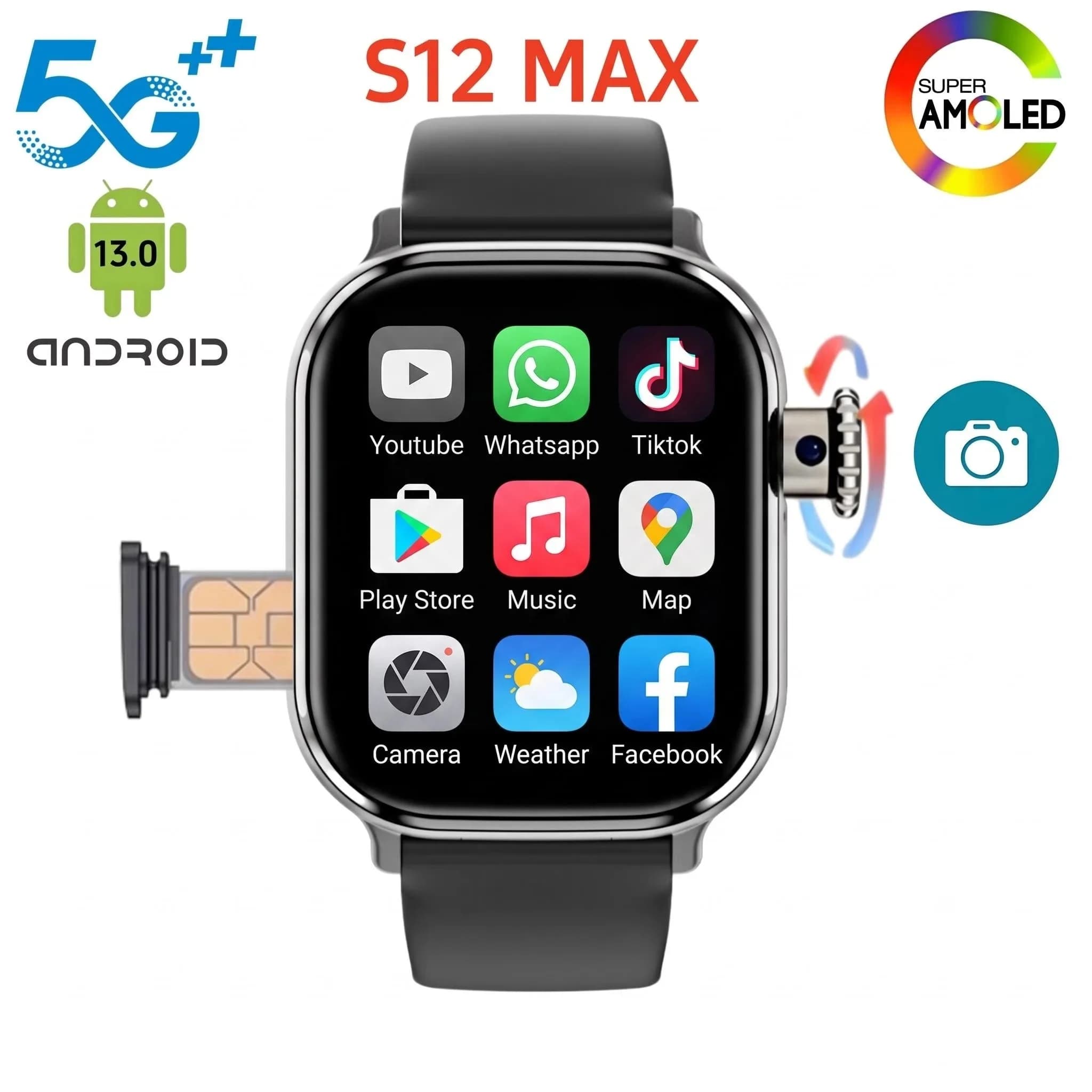 S12 MAX 5G LTE Android 13 Smartwatch WIFI GPS NFC Smart Watch Men Women With 200° Roatting Camera 4G/5G Sim Card Slot Video Call