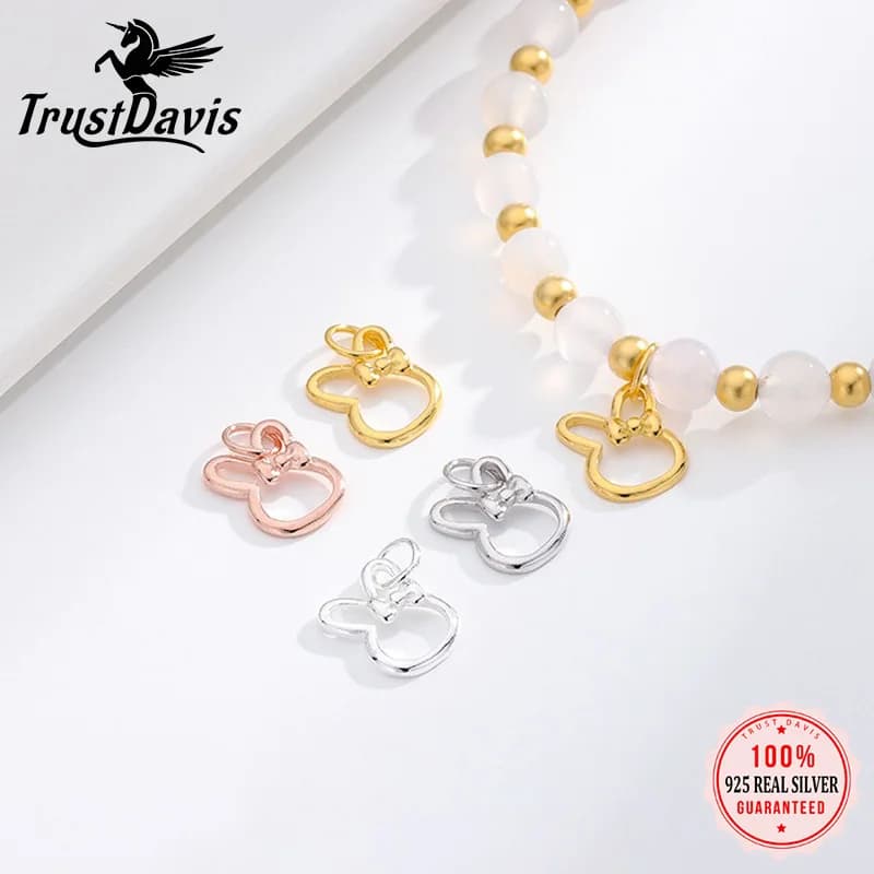TrustDavis 925 Sterling Silver Classic Fashion Cute Rabbit Bow Ciondolo Collana fai da te Accessori braccialetto Gioielleria raffinata DZ1836