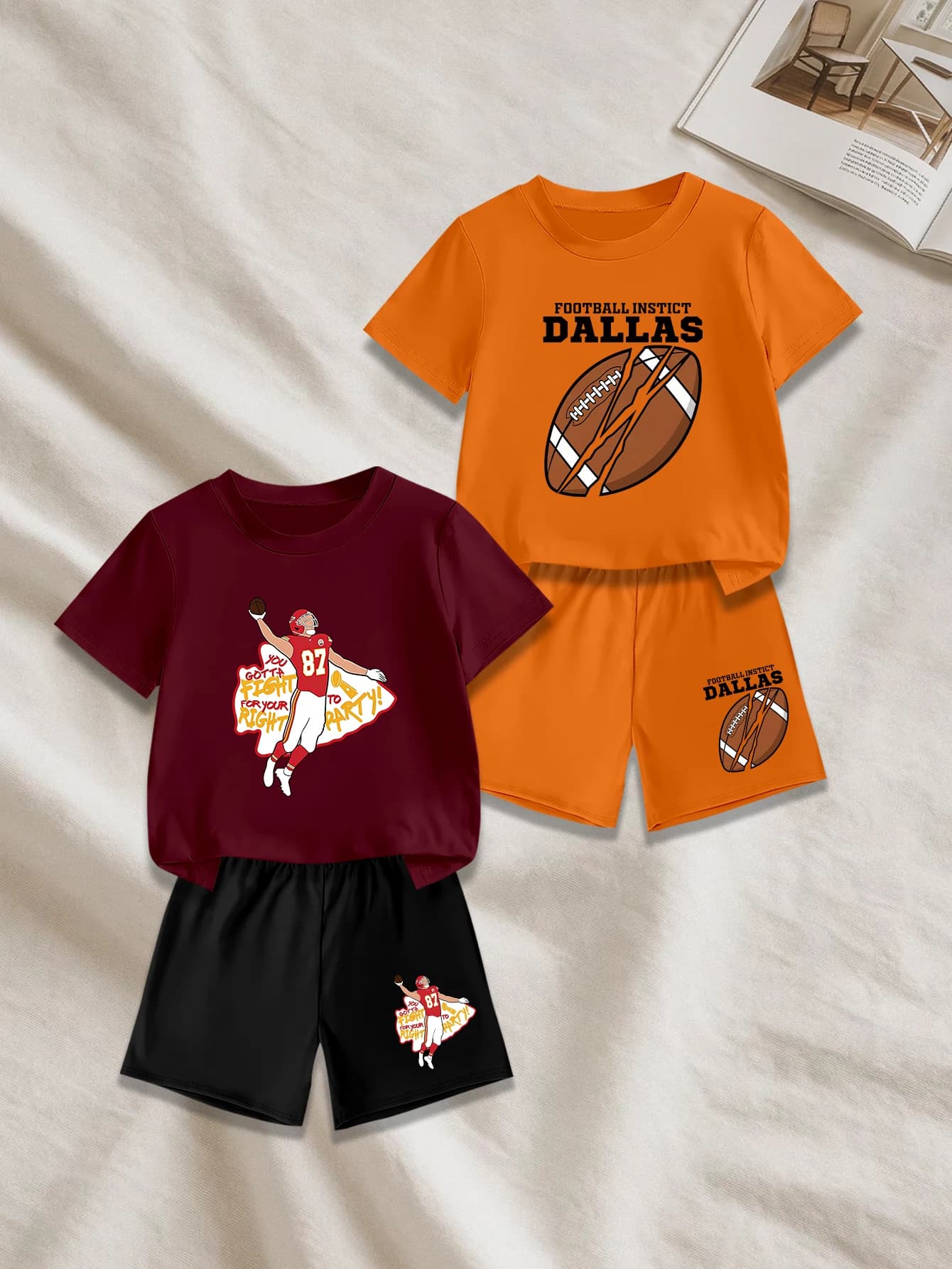4 pieces: Set of shorts and summer casual t-shirts for boys Super Bowl with American football player print and rugby ball