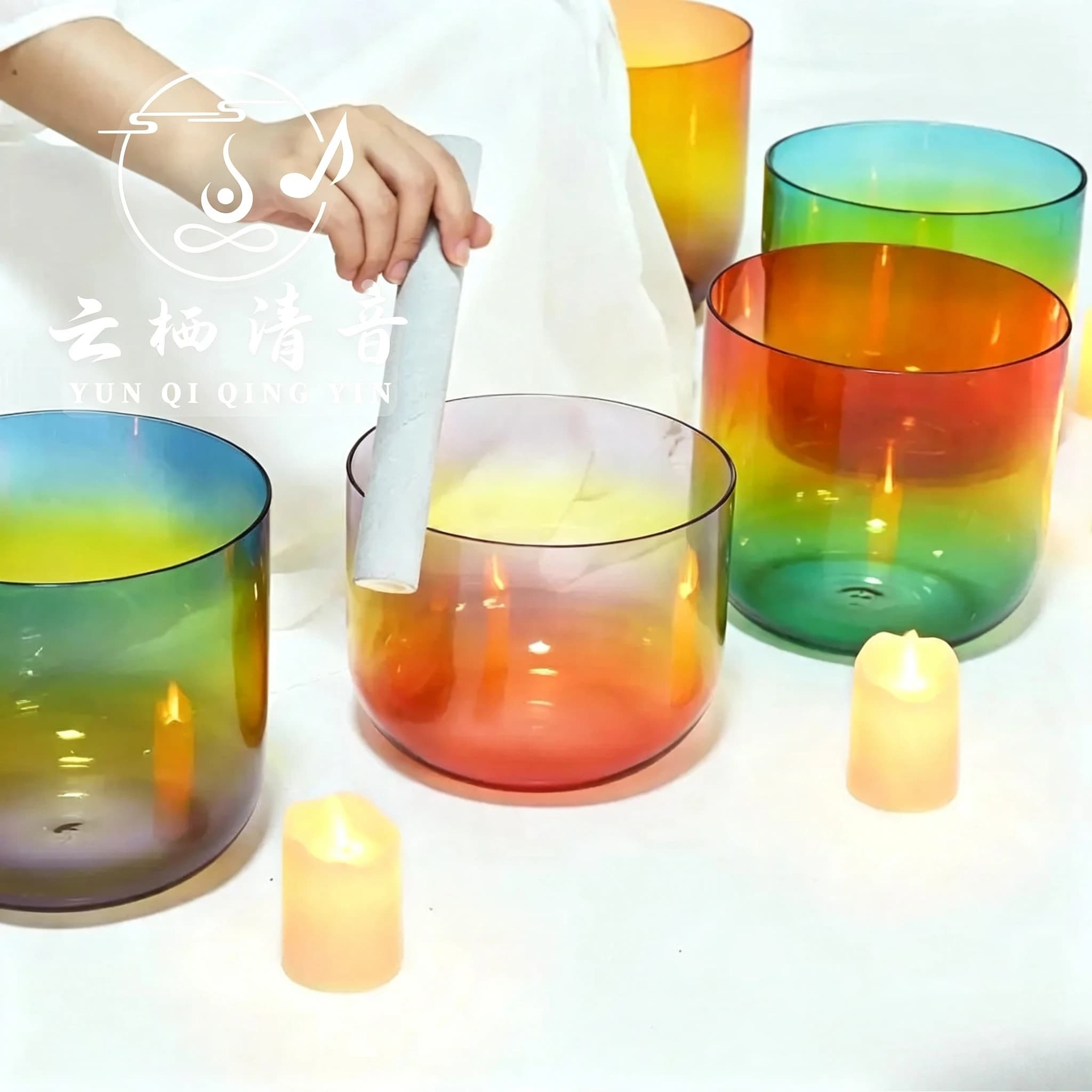 YUN QI QING YIN 6 Inch 432Hz Clear Rainbow Chakra Quartz Singing Bowl With Mallet Meditation Sound Healing Bowl