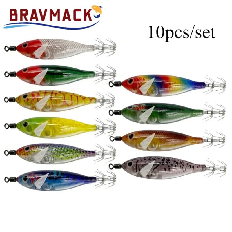 10 pz/set 8 cm/5.7g Gamberetti Esche Da Pesca Luminoso Calamari Jig Gancio Accessori Per la Pesca in Mare Esca Artificiale Polpo Richiamo