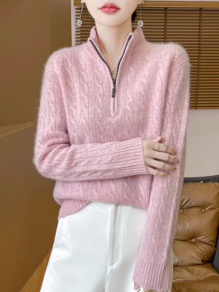 100% lana merino da donna colletto rialzato pullover mezza cerniera autunno inverno spesso moda casual maglione di cashmere lavorato a maglia