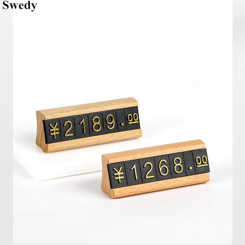 Piccolo porta biglietti da visita in legno, espositore, mini etichetta del prezzo, porta carta, numero regolabile, orologio, cartellini del prezzo dei gioielli