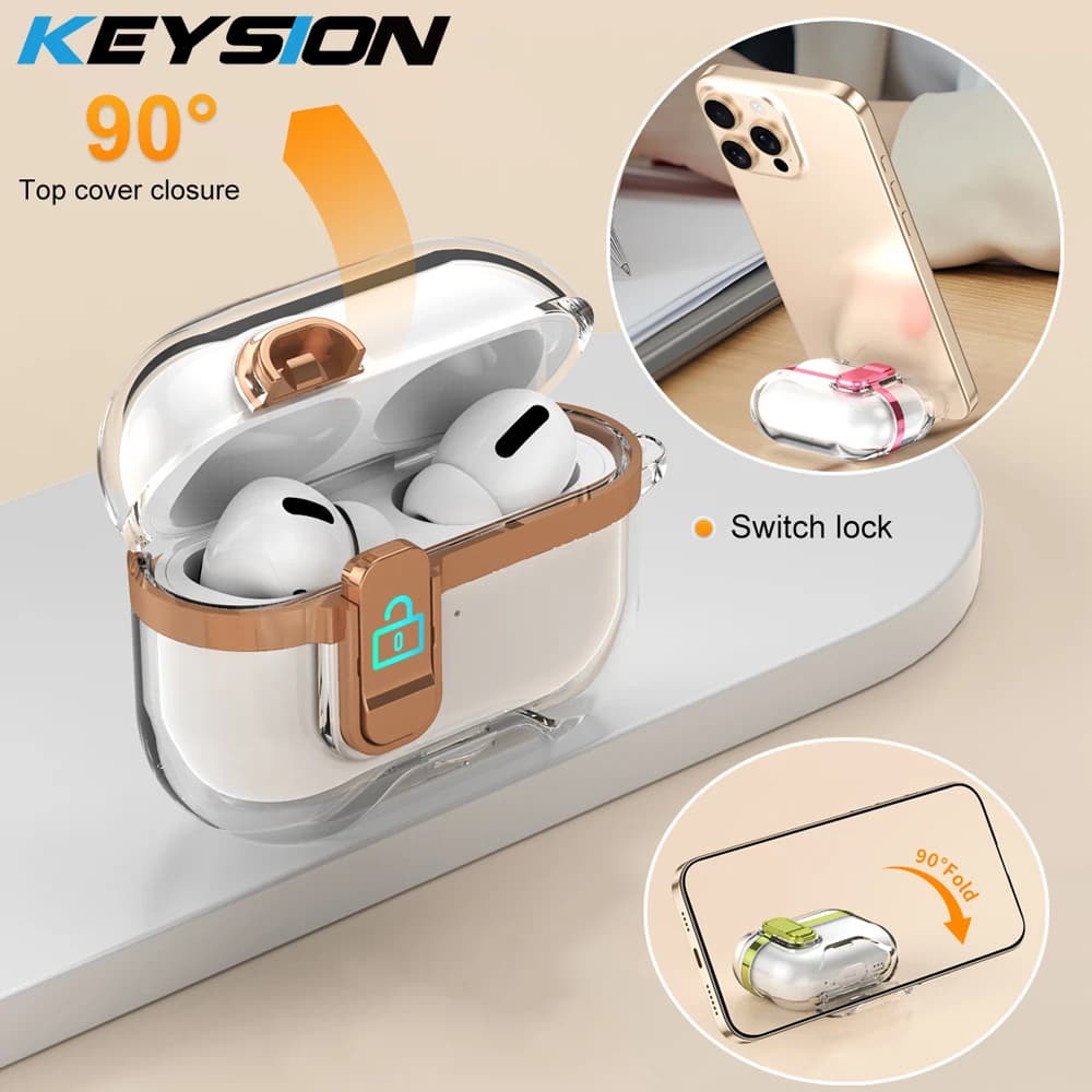 KEYSION Placcatura Trasparente Custodia per auricolari per AirPods Pro 3 TPU + PC Antiurto Supporto per telefono Gancio Copertura per cuffie per AirPods Pro 3