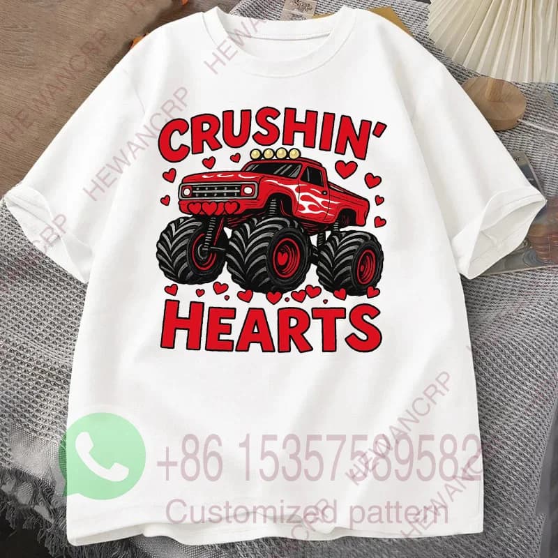 Boy Valentine Monster Truck Men's T-shirt, casual summer sportswear in short sleeve cotton, Harajuku pullover, crew neck suit