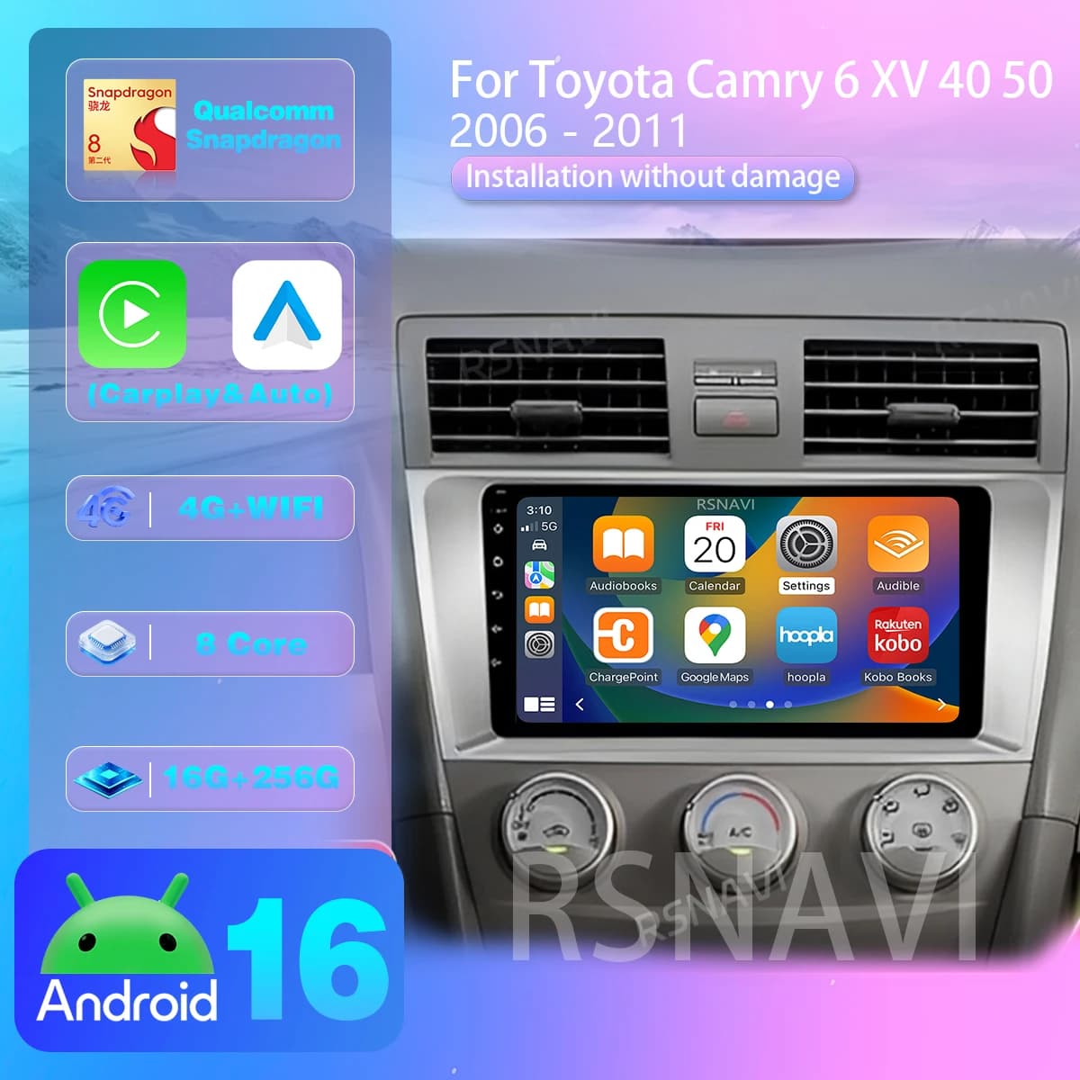 Android 16 For Toyota Camry 6 XV 40 50 2006- 2011 Carplay Auto Qualcomm 2K QLED Screen Car Radio Player GPS Wifi 4G Stereo Video