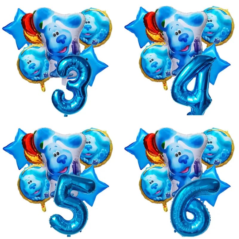 Set di 6 piste di blues, decorazioni per feste di compleanno, numeri di stelle, forniture, palloncini per baby shower con cane maculato blu, bomboniere per bambini