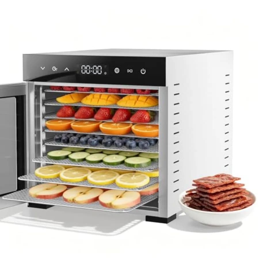 Essiccatore Alimentare per Frutta, Carne, Erbe e Snack per Cani, 500W, Acciaio Inossidabile Argento con 8 Grandi Vassoi, Controllo Temperatura 185°F