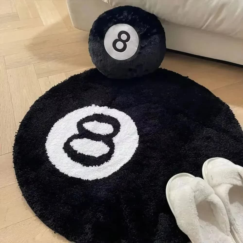 VIKAMA Biliardo nero 8 palline rotonde floccate pavimento camera da letto tappeto antiscivolo tappeto soggiorno peluche morbido camera da letto tappeto, porta domestica