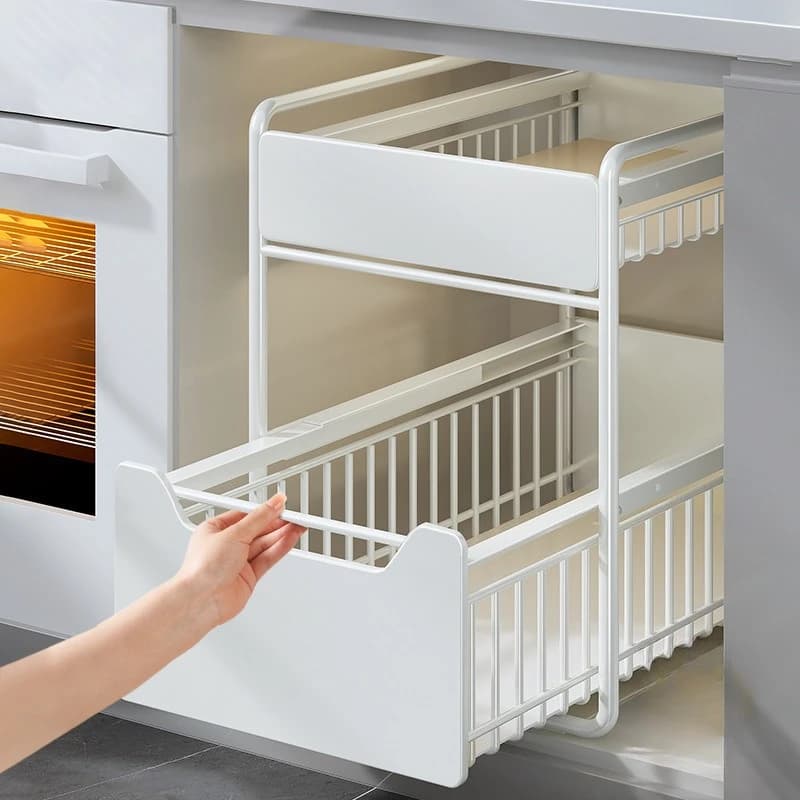 Organizzatore Estraibile per Mobile Sottolavello, Doppio Strato Scorrevole, Salvaspazio Regolabile, Porta Pentole, Coperchi e Spezie