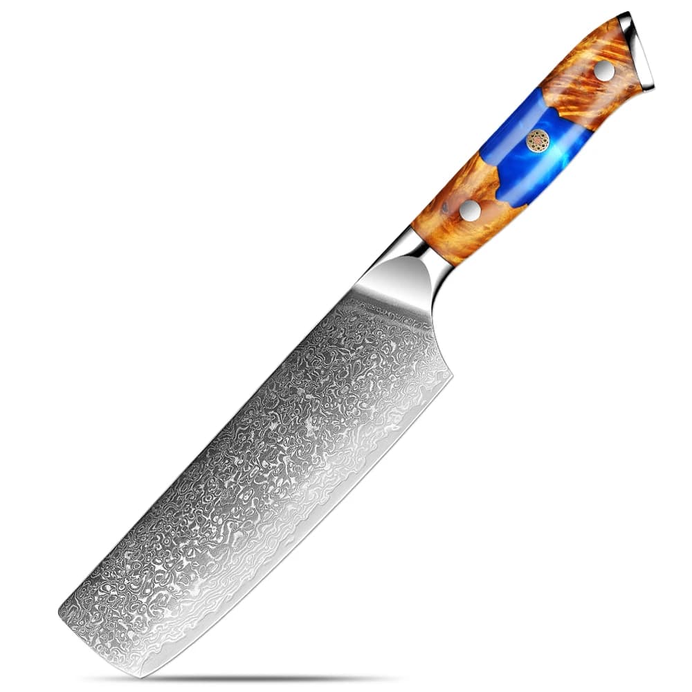 Coltello Nakiri Giapponese 7 Pollici, Coltello da Chef in Acciaio Damasco, Coltello da Cucina Multiuso per Carne e Verdure con Manico in Legno Stabilizzato
