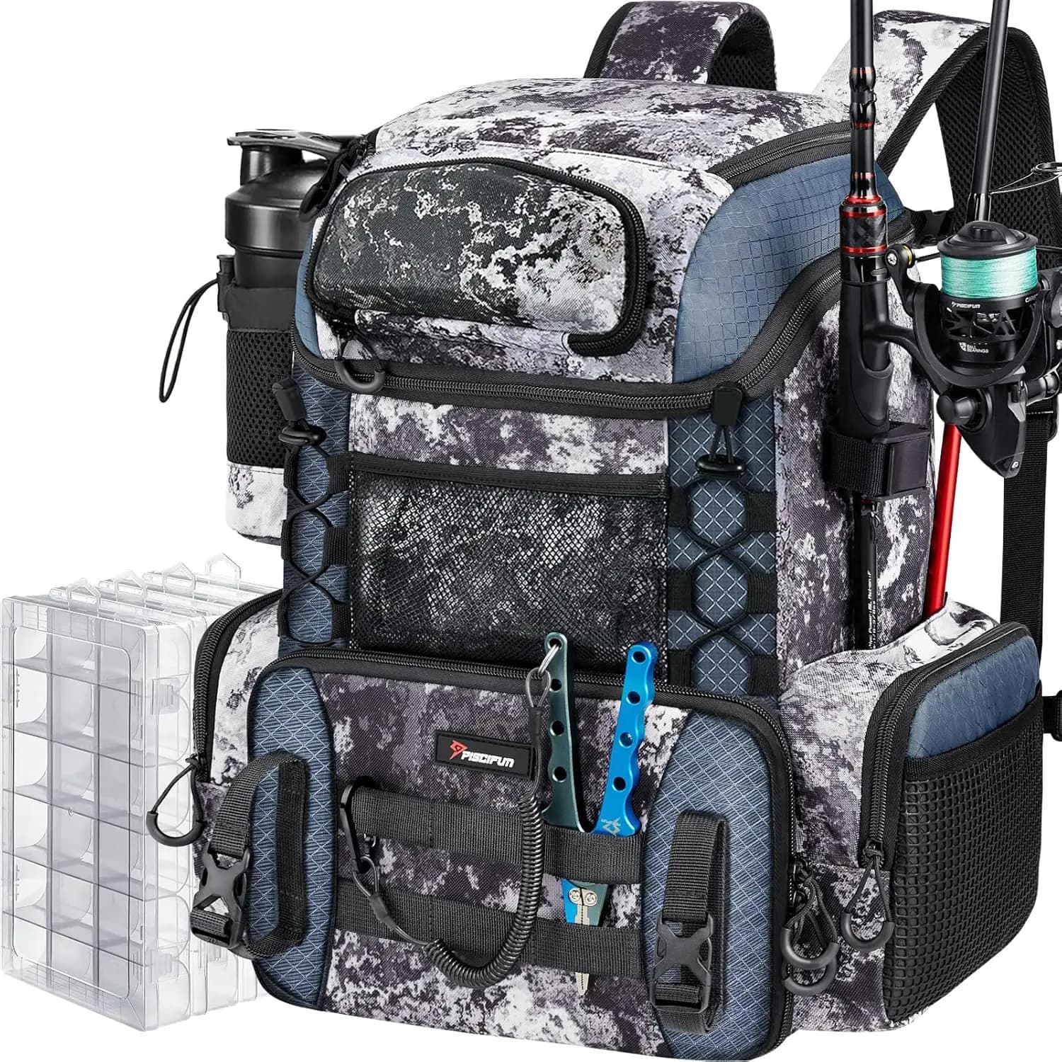 Zaino da Pesca Impermeabile da 42L con Portacanne e 4 Scatole per Attrezzatura, Attrezzatura Outdoor Resistente