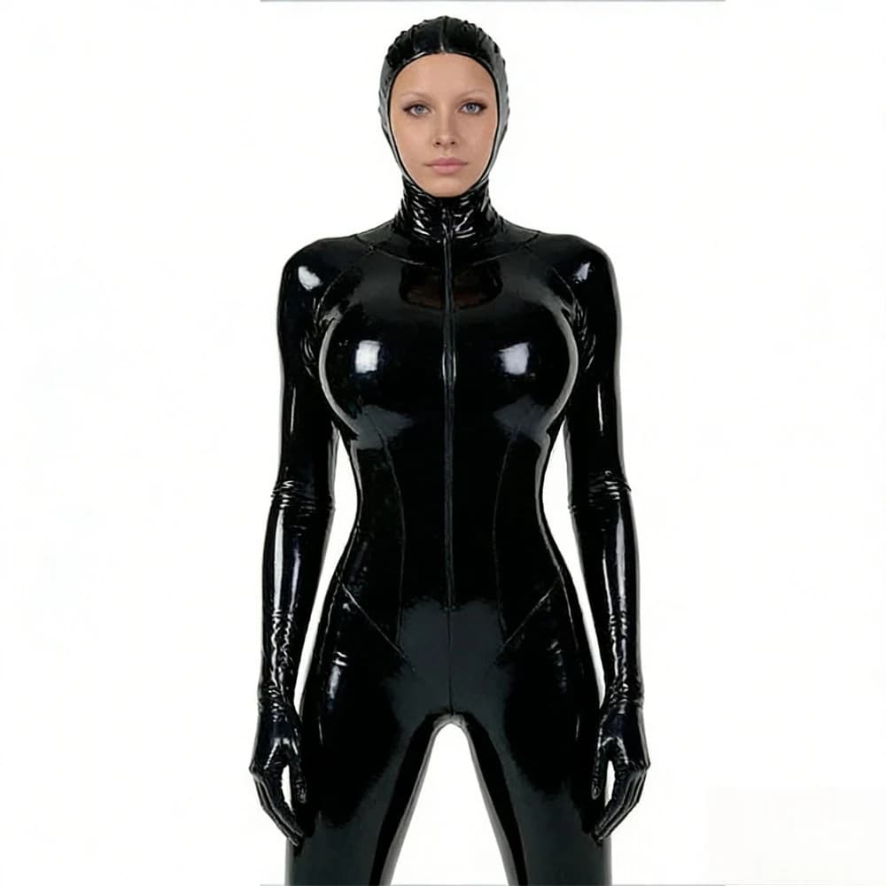 Catsuit in lattice da donna fatto a mano, tuta in gomma con calze e guanti a punta, tuta attillata con cerniera posteriore, costumi cosplay