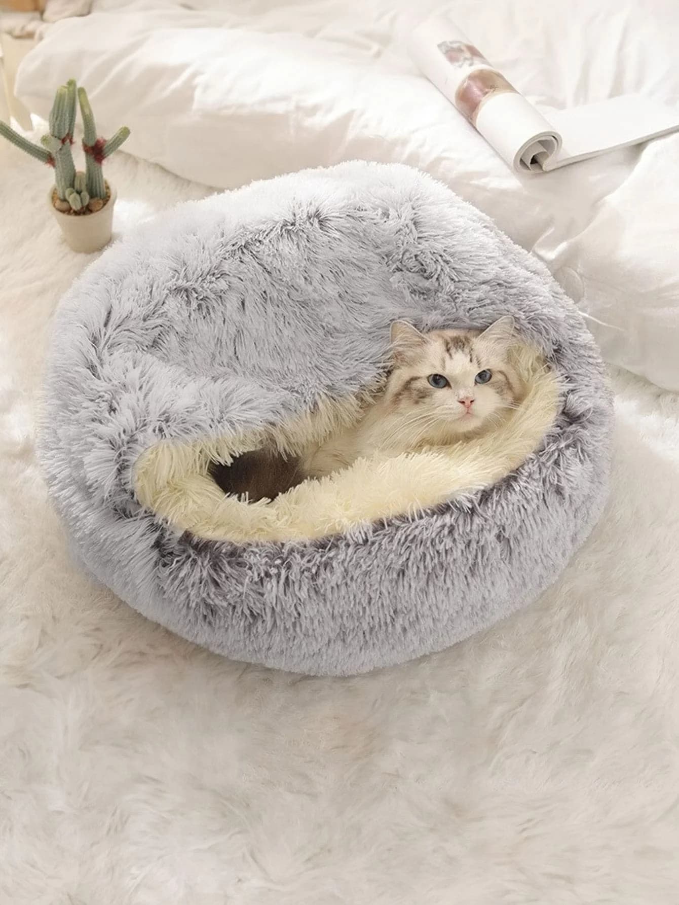 1pc Plush Round Pet Bed, Fluffy Soft Cat Bed, Donut Pet Cushion, Winter 2 In 1 Cat Bed, Warm Sleeping Bag Sofa Cushion